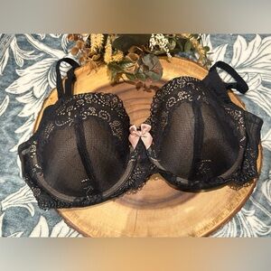 DKNY Superior Lace Underwire Bra Black with Pink Bow, Size 34D